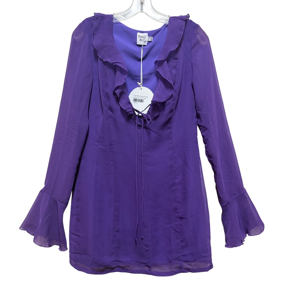 Princess Polly Theo Mini Dress‎ Purple Long Sleeve Ruffle Tie Front Size 8 NEW